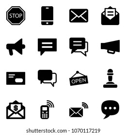 Solid vector icon set - stop vector road sign, phone, mail, opened, loudspeaker, chat, envelope, dialog, open, pawn, dollar, mobile, wireless