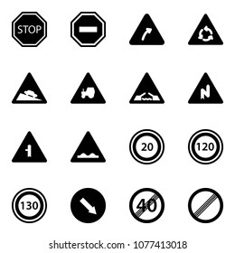 Solid vector icon set - stop vector road sign, no way, turn right, round motion, steep descent, tractor, drawbridge, abrupt, intersection, rough, speed limit 20, 120, 130, detour, end