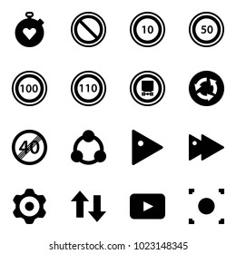 Solid vector icon set - stopwatch heart vector, prohibition road sign, speed limit 10, 50, 100, 110, no dangerous cargo, circle, end, social, play, fast forward, gear, up down arrows, playback