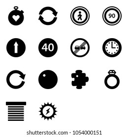 Solid vector icon set - stopwatch heart vector, exchange, no pedestrian road sign, speed limit 90, only forward, minimal, end overtake, time, reload, record, puzzle, diamond ring, jalousie