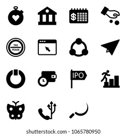 Solid vector icon set - stopwatch heart vector, bank, finance calendar, investment, tax peage road sign, cursor browser, social, paper plane, standby, wallet time, ipo, career, butterfly, phone
