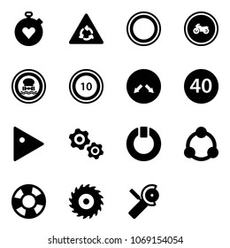 Solid vector icon set - stopwatch heart vector, round motion road sign, prohibition, no moto, dangerous cargo, speed limit 10, detour, minimal, play, gears, standby, community, lifebuoy, saw disk