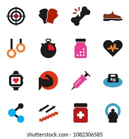 solid vector icon set - stopwatch vector, muscule hand, snickers, boxing glove, target, molecule, heart monitor, stairways run, gymnast rings, weight, pulse, syringe, broken bone, pills bottle
