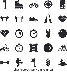 Solid vector icon set - stopwatch flat vector, target, dumbbell, barbell, sneakers, bowling ball, heartbeat, bicycle, vitamins, carpal expander, sports flag, tennis, swimsuit, roller Skates, pool