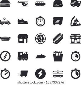 Solid vector icon set - stopwatch flat vector, hamburger, hot dog, pizza, French fries, store front, trucking, express delivery, ambulance, helicopter, lightning, sneakers, train fector