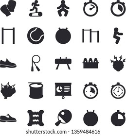 Solid vector icon set - stopwatch flat vector, chart, meeting, brainstorm, sneakers, skipping rope, carpal expander, parallel bars, sports equipment horse, tennis ball, fitball, boxing gloves, table