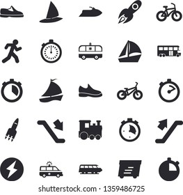 Solid vector icon set - stopwatch flat vector, rocket, express delivery, sailboat, ambulance, lightning, sneakers, bicycle, run, train fector, bus, escalator, water scooter, windsurfing