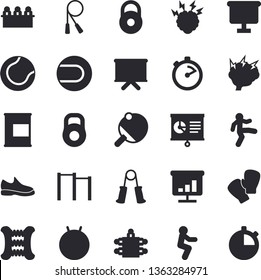 Solid vector icon set - stopwatch flat vector, flipchart, chart, meeting, brainstorm, weight, sneakers, skipping rope, carpal expander, parallel bars, tennis ball, fitball, boxing gloves, gymnastics