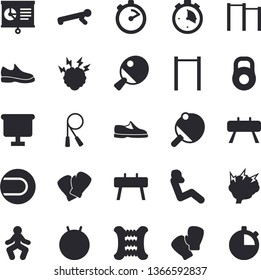 Solid vector icon set - stopwatch flat vector, flip chart, chart, brainstorm, weight, sneakers, skipping rope, carpal expander, parallel bars, sports equipment horse, tennis ball, fit ball, gymnastics