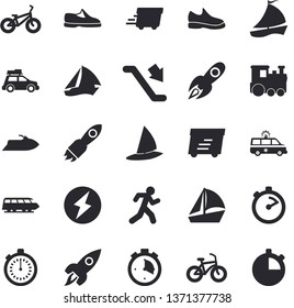 Solid vector icon set - stopwatch flat vector, rocket, express delivery, sailboat, ambulance, lightning, sneakers, bicycle, run, train fector, car, escalator, water scooter, windsurfing