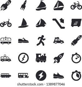 Solid vector icon set - stopwatch flat vector, rocket, express delivery, sailboat, ambulance, lightning, sneakers, bicycle, run, train fector, car, bus, escalator, windsurfing