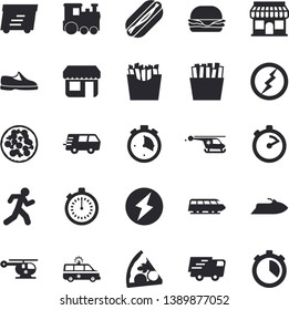 Solid vector icon set - stopwatch flat vector, hamburger, hot dog, pizza, French fries, store front, trucking, express delivery, ambulance, helicopter, lightning, sneakers, run, train fector