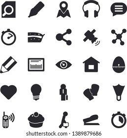 Solid vector icon set - stopwatch flat vector, kitchen egg timer, cupcake, piece of cake, lamp, marker, phone call, barcode, heart, molecules, magnifier, pencil, businessman, stapler, satellit, chat