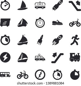 Solid vector icon set - stopwatch flat vector, rocket, express delivery, sailboat, ambulance, lightning, sneakers, bicycle, run, train fector, bus, escalator, windsurfing