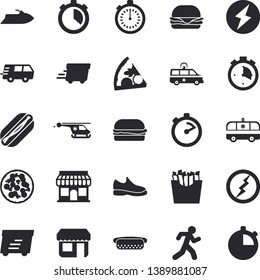 Solid vector icon set - stopwatch flat vector, hamburger, hot dog, pizza, French fries, store front, trucking, express delivery, ambulance, helicopter, lightning, sneakers, run, water scooter fector