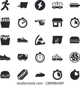 Solid vector icon set - stopwatch flat vector, hamburger, hot dog, pizza, French fries, store front, trucking, express delivery, ambulance, helicopter, lightning, sneakers, run, train fector