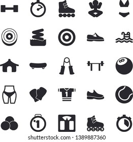Solid vector icon set - stopwatch flat vector, dumbbell, barbell, medal, sneakers, bowling ball, skateboard, weighing machine, waistline, carpal expander, tennis, boxing gloves, swimsuit, target