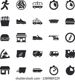 Solid vector icon set - stopwatch flat vector, hamburger, hot dog, pizza, French fries, store front, trucking, express delivery, ambulance, helicopter, lightning, sneakers, run, train fector