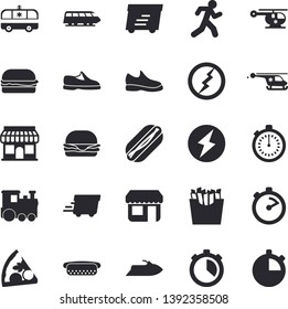 Solid vector icon set - stopwatch flat vector, hamburger, hot dog, pizza, French fries, store front, express delivery, ambulance, helicopter, lightning, sneakers, run, train fector, water scooter