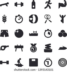 Solid vector icon set - stopwatch flat vector, dumbbell, medal, whistle, bowling ball, weighing machine, muscles, skipping rope, sports equipment horse, athletic shorts, pills, push up, gymnastics