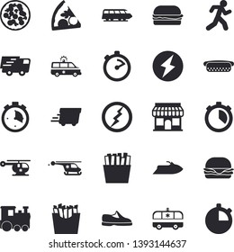 Solid vector icon set - stopwatch flat vector, hamburger, hot dog, pizza, French fries, store front, trucking, express delivery, ambulance, helicopter, lightning, sneakers, run, train fector