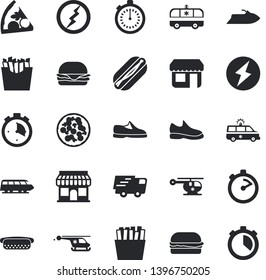 Solid vector icon set - stopwatch flat vector, hamburger, hot dog, pizza, French fries, store front, trucking, ambulance, helicopter, lightning, sneakers, train fector, water scooter