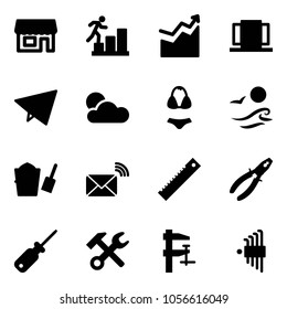 Solid vector icon set - store vector, career, growth, doors, paper fly, swimsuit, waves, bucket scoop, wireless mail, ruler, pliers, screwdriver, wrench hammer, clamp, allen key set