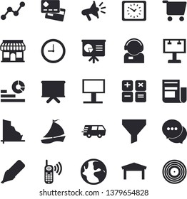 Solid vector icon set - store front flat vector, grocery trolley, billboard, warehouse, funnel, earth, crisis, credit card, marker, telephone operator, phone call, statistics, scatter chart, news