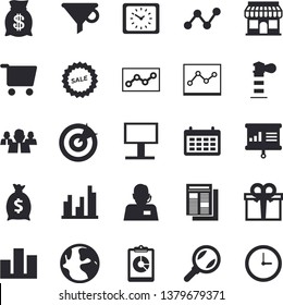 Solid vector icon set - store front flat vector, grocery trolley, lighthouse, billboard, funnel, magnifier, earth, graphic report, team, telephone operator, wealth, scatter chart, calendar, news