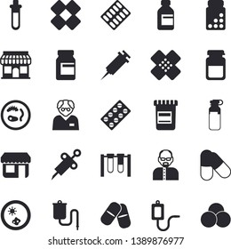 Solid vector icon set - store front flat vector, pill packaging, pills, vial, medical warmer, syringe, analysis, patch, ampoule, scientist, beakers, Petri dish, vitamins