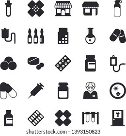Solid vector icon set - store front flat vector, pill packaging, pills, vial, medical warmer, syringe, analysis, patch, ampoule, scientist, beakers, Petri dish, vitamins, doctor's office fector