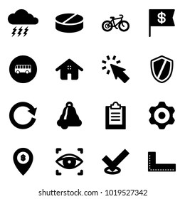 Solid vector icon set - storm vector, pill, bike, dollar flag, bus road sign, home, cursor, shield, reload, bell, clipboard, gear, atm map pin, eye scanner, check, corner ruler