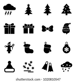 Solid vector icon set - storm vector, christmas tree, gift, bow, santa claus, sock, glove, ball, hat, sale, flippers, snow