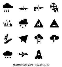 Solid vector icon set - storm vector, plane, boarding passengers, globe, christmas landscape, snowfall, abrupt turn right road sign, artificial unevenness, career, paper fly, cloud ladder, rain