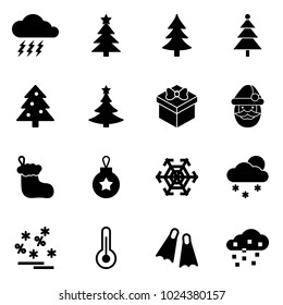 Solid vector icon set - storm vector, christmas tree, gift, santa claus, sock, ball, snowflake, snowfall, sale, thermometer, flippers, snow