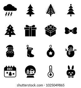 Solid vector icon set - storm vector, christmas tree, gift, bow, santa claus, sock, ball, snowman, calendar, snowball house, thermometer, toy rabbit