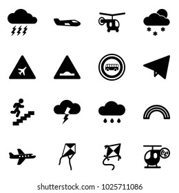 Solid vector icon set - storm vector, small plane, helicopter, snowfall, airport road sign, artificial unevenness, no bus, paper fly, career, rain cloud, rainbow, kite, toy