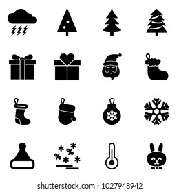 Solid vector icon set - storm vector, christmas tree, gift, santa claus, sock, glove, ball, snowflake, hat, sale, thermometer, toy rabbit