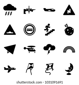 Solid vector icon set - storm vector, boarding passengers, small plane, abrupt turn right road sign, artificial unevenness, no bus, career, moon flag, paper fly, helicopter, rainbow, kite, lamp