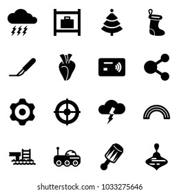 Solid vector icon set - storm vector, baggage room, christmas tree, sock, scalpel, heart, tap pay, share, gear, target, rainbow, pool, moon rover, beanbag, wirligig toy