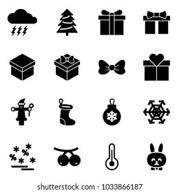 Solid vector icon set - storm vector, christmas tree, gift, bow, santa claus, sock, ball, snowflake, sale, rowanberry, thermometer, toy rabbit