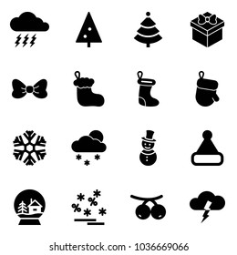 Solid vector icon set - storm vector, christmas tree, gift, bow, sock, glove, snowflake, snowfall, snowman, hat, snowball house, sale, rowanberry