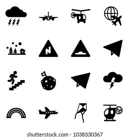 Solid vector icon set - storm vector, plane, helicopter, globe, christmas landscape, abrupt turn right road sign, artificial unevenness, paper fly, career, moon flag, rainbow, kite, toy