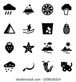 Solid vector icon set - storm vector, mountains, lemon slice, broccoli, landslide road sign, hand sproute, garbage, pineapple, strawberry, starfish, pyramid, snow, sickle, toy caterpillar, cat