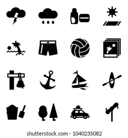 Solid vector icon set - storm vector, rain cloud, uv cream, mat, palm, swimsuit, volleyball, photo, ship bell, anchor, sail boat, kayak, bucket scoop, forest, car baggage, toy windmill