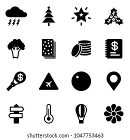 Solid vector icon set - storm vector, christmas tree, star, holly, broccoli, breads, coin, annual report, money torch, airport road sign, record, map pin, signpost, thermometer, air balloon, flower