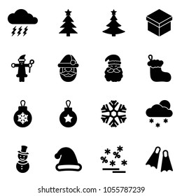 Solid vector icon set - storm vector, christmas tree, gift, santa claus, sock, ball, snowflake, snowfall, snowman, hat, sale, flippers