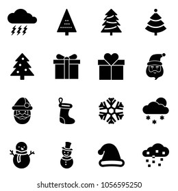 Solid vector icon set - storm vector, christmas tree, gift, santa claus, sock, snowflake, snowfall, snowman, hat, snow