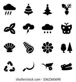 Solid vector icon set - storm vector, christmas tree, holly, three leafs, rain cloud, butterfly, shell, flower, forest, recycling, sickle, wheelbarrow, crocodile