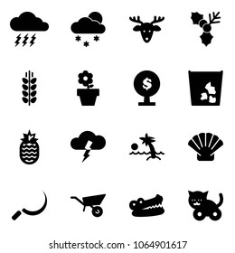 Solid vector icon set - storm vector, snowfall, christmas deer, holly, spica, flower pot, money tree, garbage, pineapple, palm, shell, sickle, wheelbarrow, crocodile, toy cat
